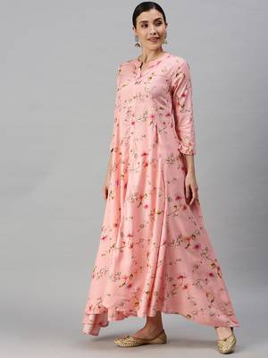 women's ankle length mandarin collar pink floral anarkali kurta 3