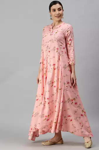 women's ankle length mandarin collar pink floral anarkali kurta
