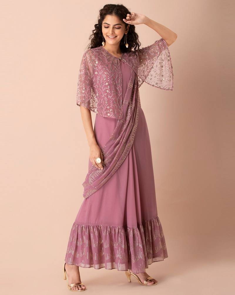 Trendmalls  Ready to Wear Georgette Foil Print work Saree with stitched Blouse