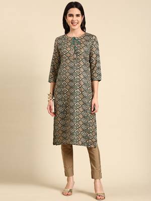 women's calf length keyhole neck green ethnic motifs straight kurta 1