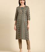 women's calf length keyhole neck green ethnic motifs straight kurta