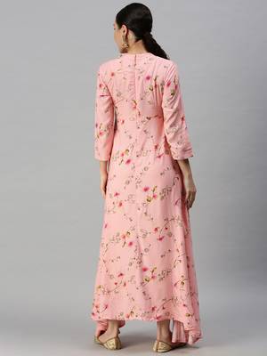 women's ankle length mandarin collar pink floral anarkali kurta 4
