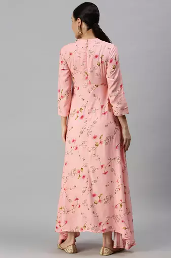 women's ankle length mandarin collar pink floral anarkali kurta