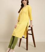 women's calf length round neck yellow solid straight kurta