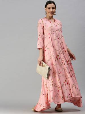 women's ankle length mandarin collar pink floral anarkali kurta 5