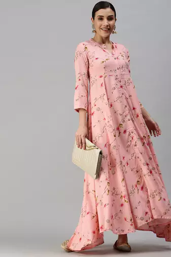 women's ankle length mandarin collar pink floral anarkali kurta