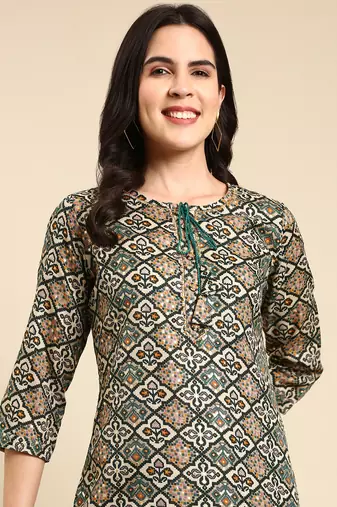 women's calf length keyhole neck green ethnic motifs straight kurta