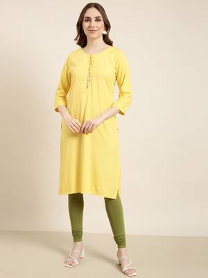 women's calf length round neck yellow solid straight kurta 2