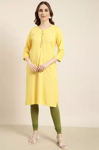 women's calf length round neck yellow solid straight kurta