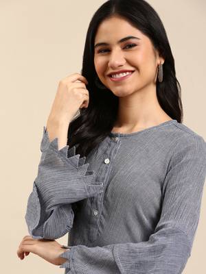 women's calf length round neck navy blue woven design a-line kurta 1