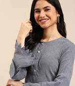 women's calf length round neck navy blue woven design a-line kurta