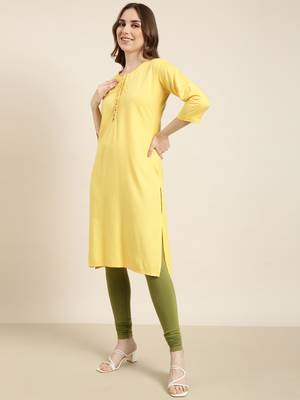 women's calf length round neck yellow solid straight kurta 3