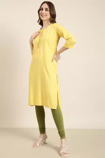 women's calf length round neck yellow solid straight kurta