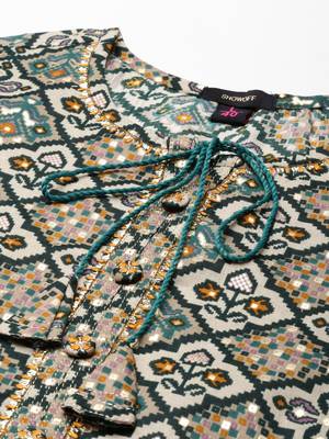 women's calf length keyhole neck green ethnic motifs straight kurta 3