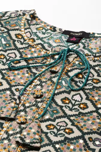 women's calf length keyhole neck green ethnic motifs straight kurta