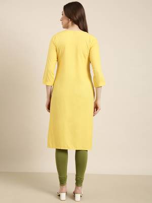 women's calf length round neck yellow solid straight kurta 4