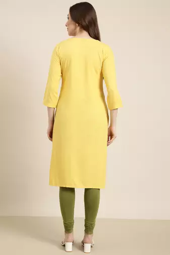 women's calf length round neck yellow solid straight kurta