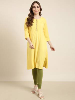 women's calf length round neck yellow solid straight kurta 5