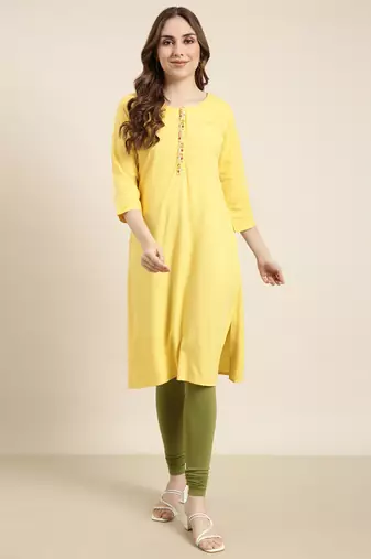 women's calf length round neck yellow solid straight kurta