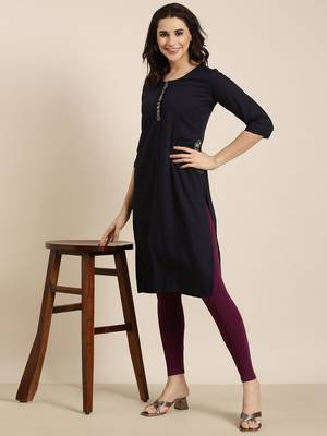 women's calf length round neck navy blue solid straight kurta 1