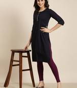 women's calf length round neck navy blue solid straight kurta