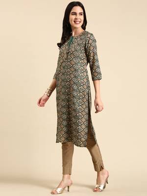 women's calf length keyhole neck green ethnic motifs straight kurta 5