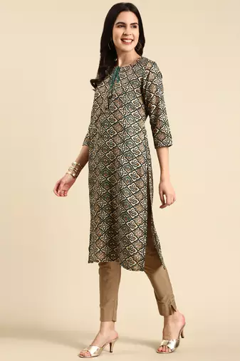 women's calf length keyhole neck green ethnic motifs straight kurta