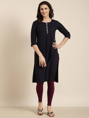 women's calf length round neck navy blue solid straight kurta 2