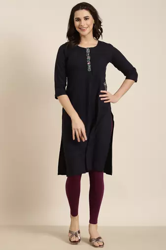 women's calf length round neck navy blue solid straight kurta