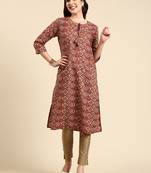 women's calf length keyhole neck maroon ethnic motifs straight kurta
