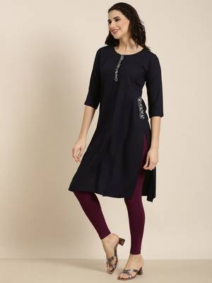 women's calf length round neck navy blue solid straight kurta 3