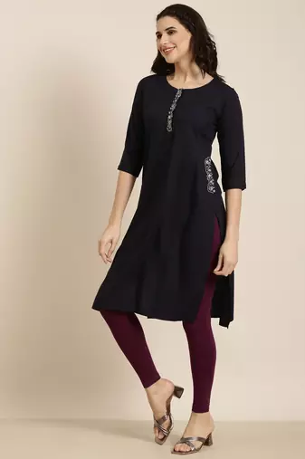 women's calf length round neck navy blue solid straight kurta
