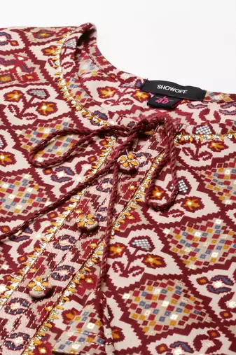 women's calf length keyhole neck maroon ethnic motifs straight kurta