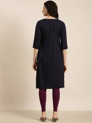 women's calf length round neck navy blue solid straight kurta 4