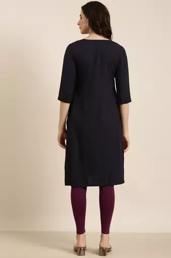 women's calf length round neck navy blue solid straight kurta