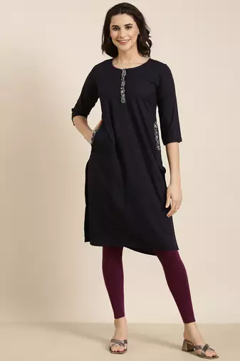women's calf length round neck navy blue solid straight kurta