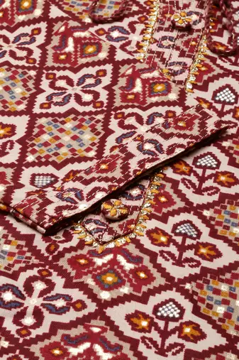 women's calf length keyhole neck maroon ethnic motifs straight kurta