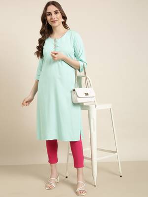 women's calf length round neck sea green solid straight kurta 1