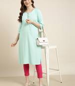 women's calf length round neck sea green solid straight kurta