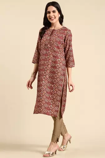 women's calf length keyhole neck maroon ethnic motifs straight kurta