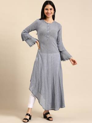 women's calf length round neck navy blue woven design a-line kurta 4