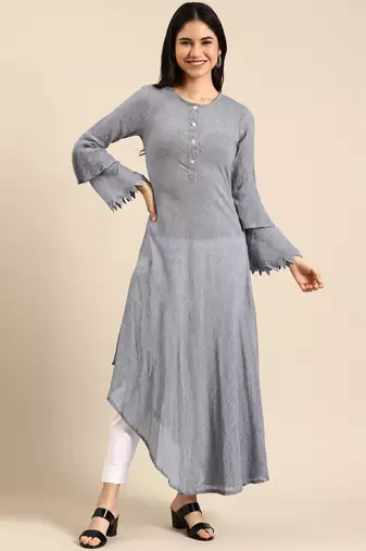 women's calf length round neck navy blue woven design a-line kurta