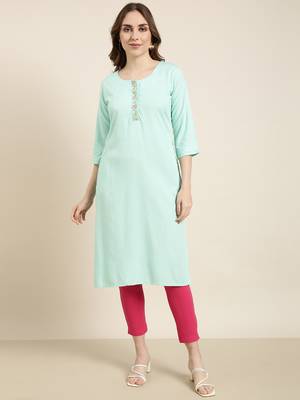 women's calf length round neck sea green solid straight kurta 2