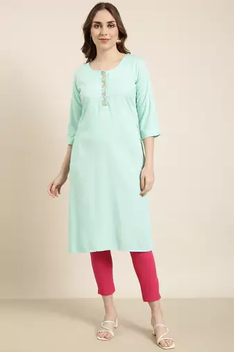 women's calf length round neck sea green solid straight kurta