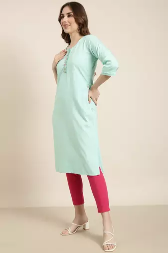 women's calf length round neck sea green solid straight kurta