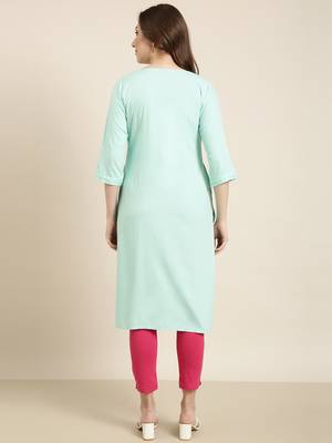 women's calf length round neck sea green solid straight kurta 4