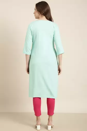 women's calf length round neck sea green solid straight kurta