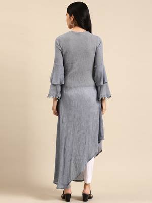women's calf length round neck navy blue woven design a-line kurta 5