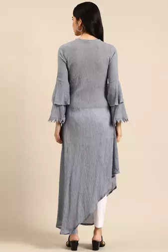 women's calf length round neck navy blue woven design a-line kurta