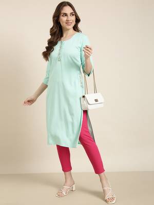 women's calf length round neck sea green solid straight kurta 5